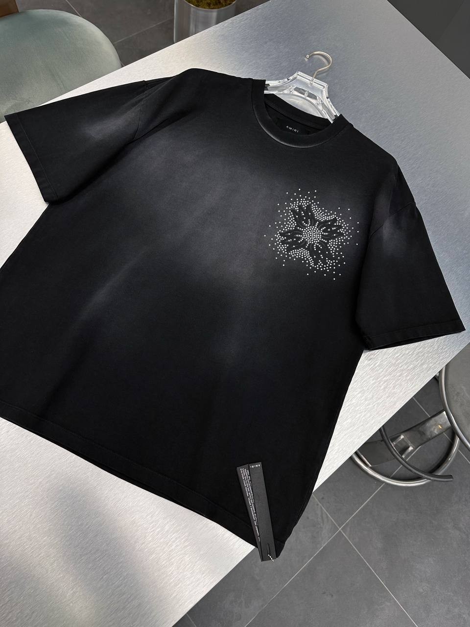 A Luxury Stone Embroidered Black & White & Blue T-shirt - Black