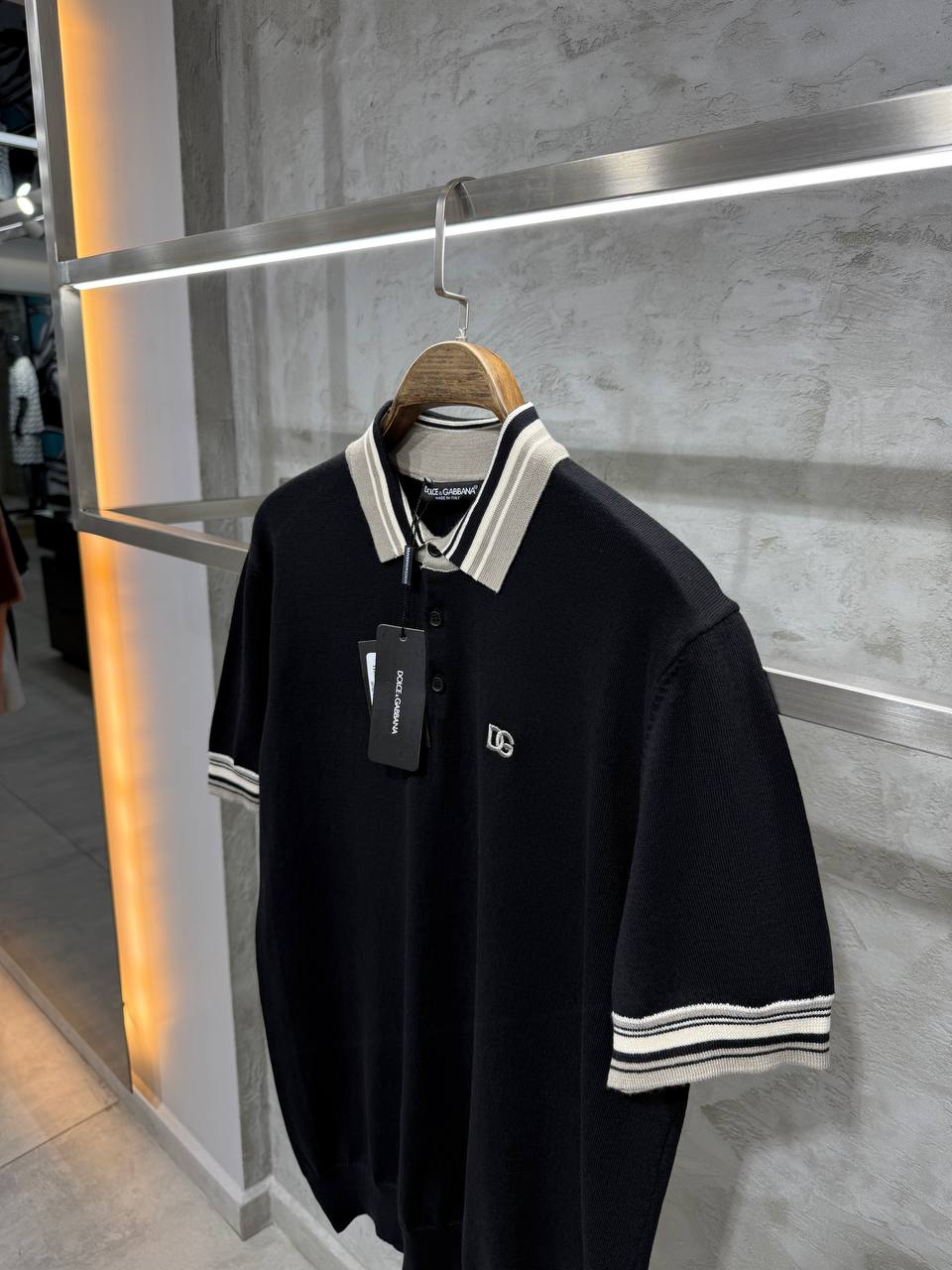 DG Luxury Striped Collar Black&Grey&Blue Knitwear Polo T-Shirt