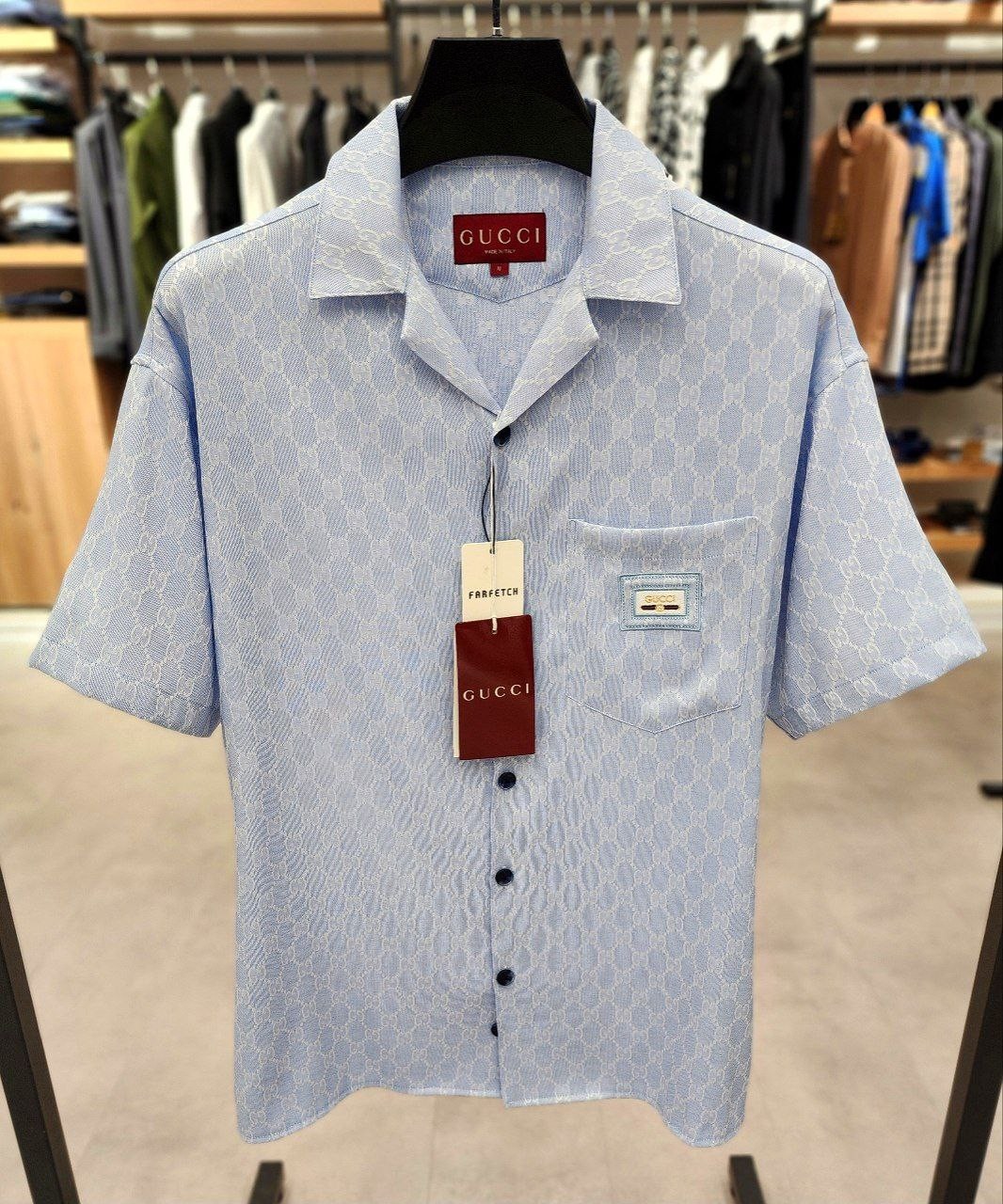 GG New Season Blue & Brown White Logo Jacquard Fabric Shirt - Blue