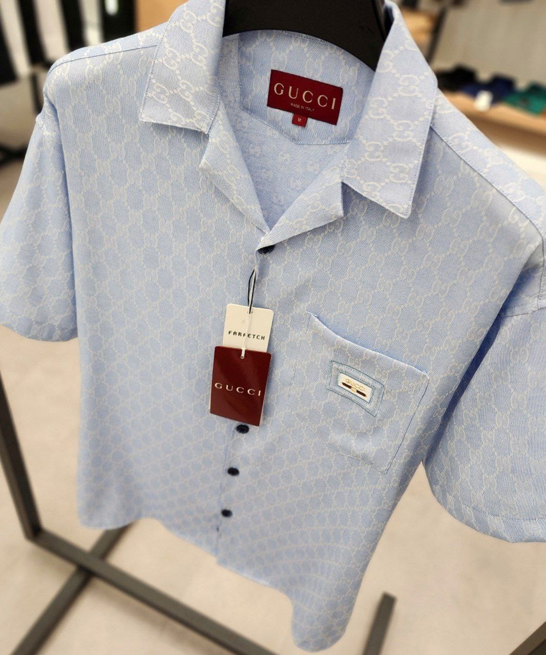 GG New Season Blue & Brown White Logo Jacquard Fabric Shirt