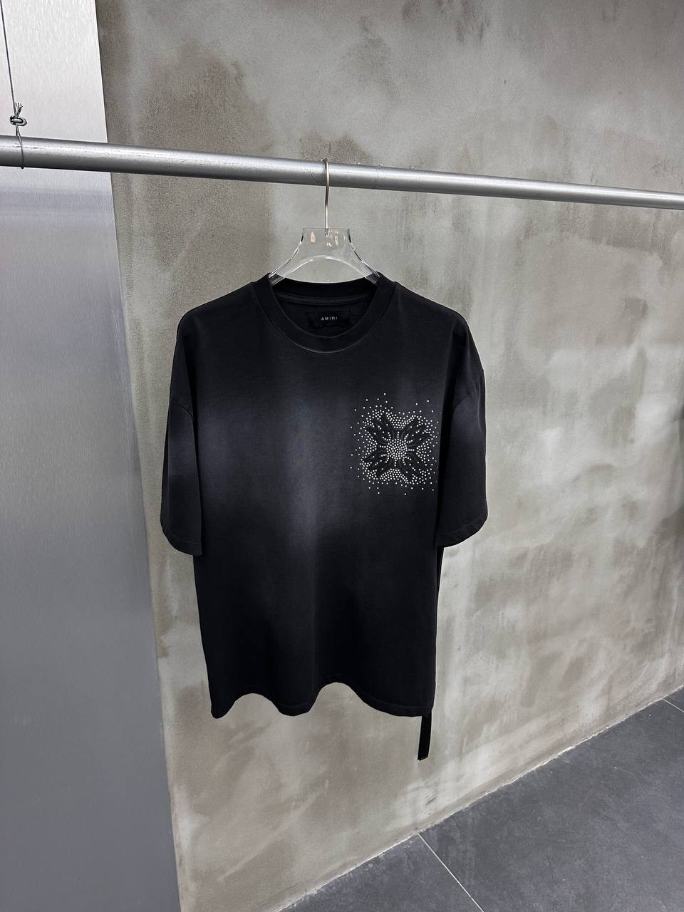 A Luxury Stone Embroidered Black & White & Blue T-shirt - Black