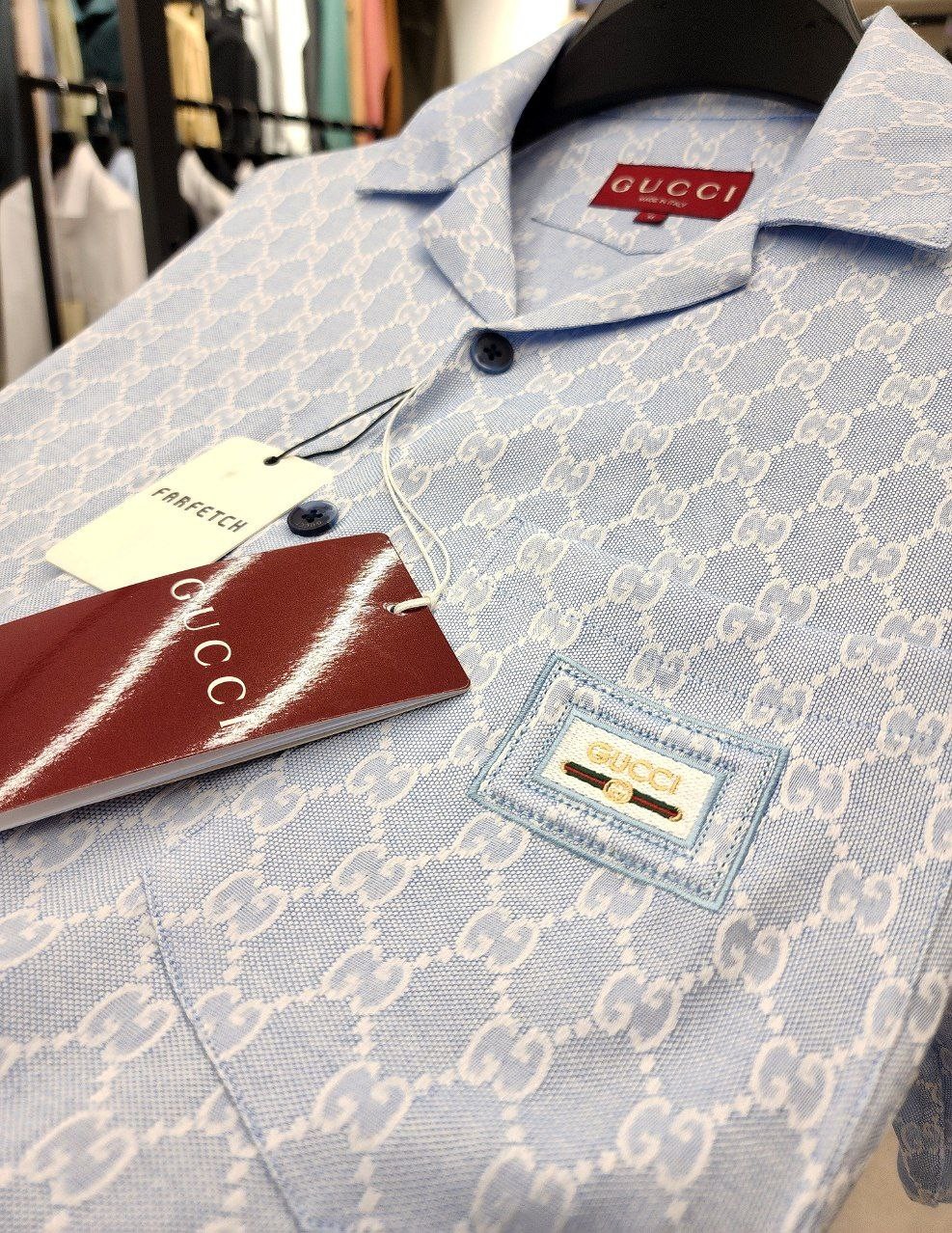 GG New Season Blue & Brown White Logo Jacquard Fabric Shirt - Blue