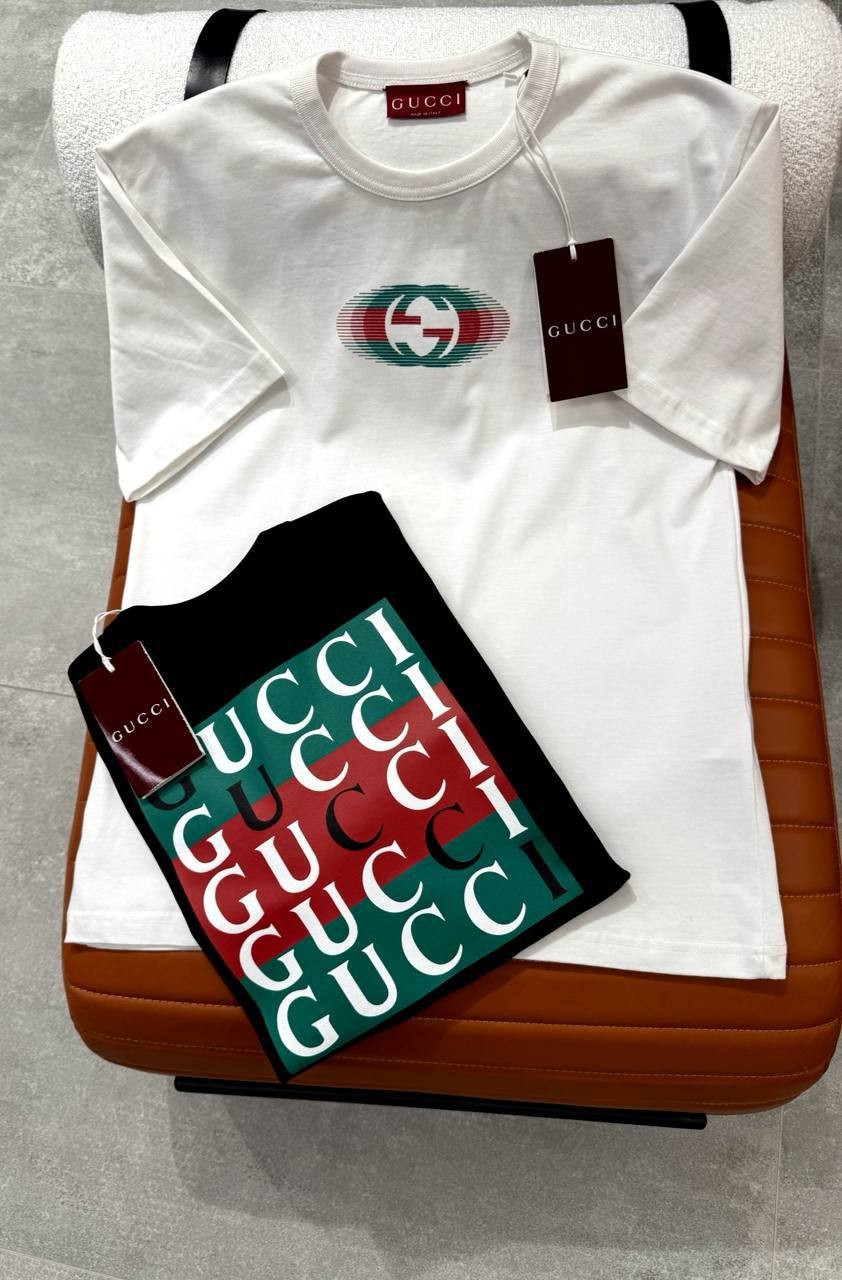 GG Luxury Custom Green/Red Logo Print Black & White T-shirt - White