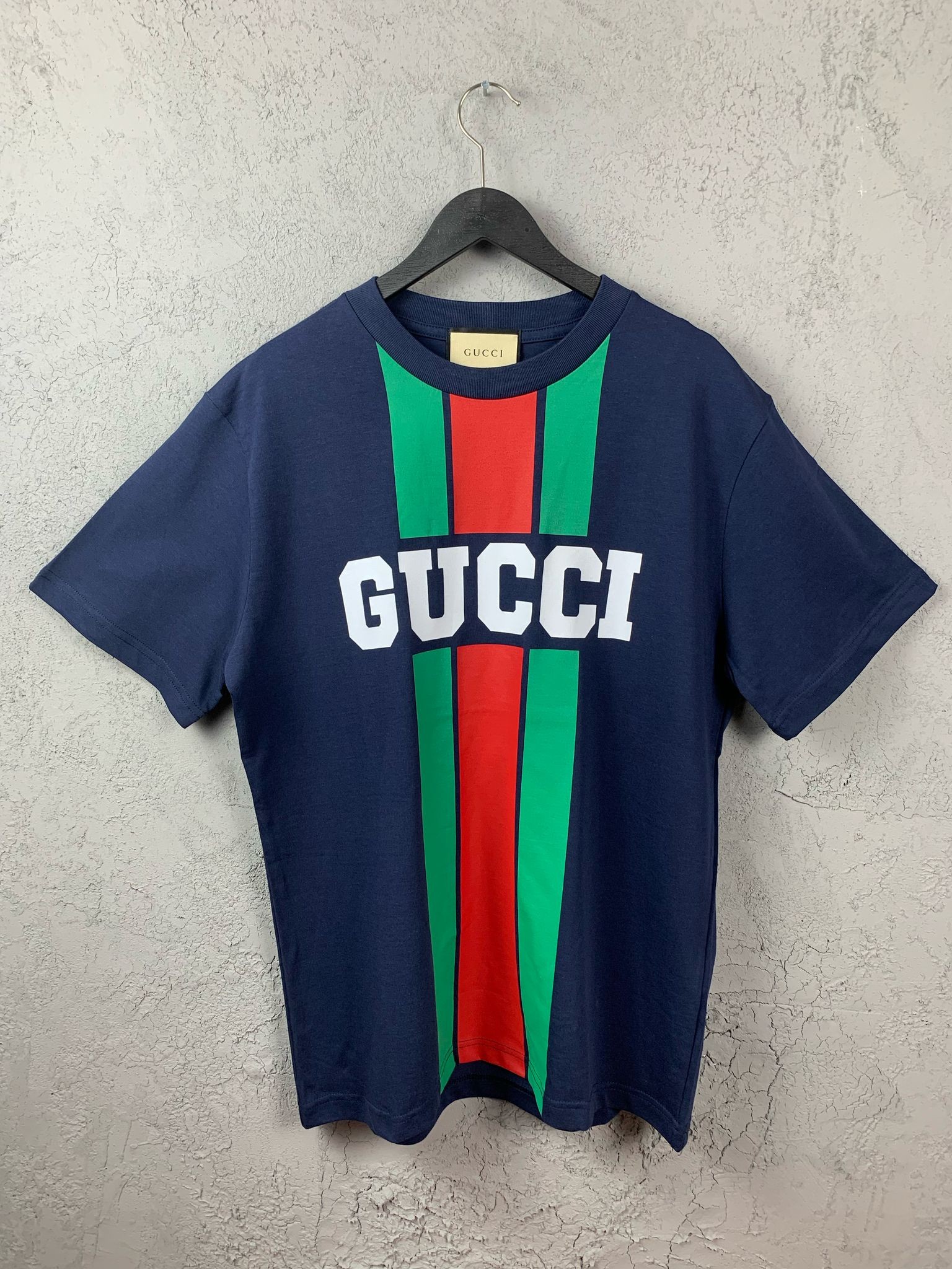 GG Luxury Green/Red Stripe Detail Black & Navy T-shirt - Dark Blue