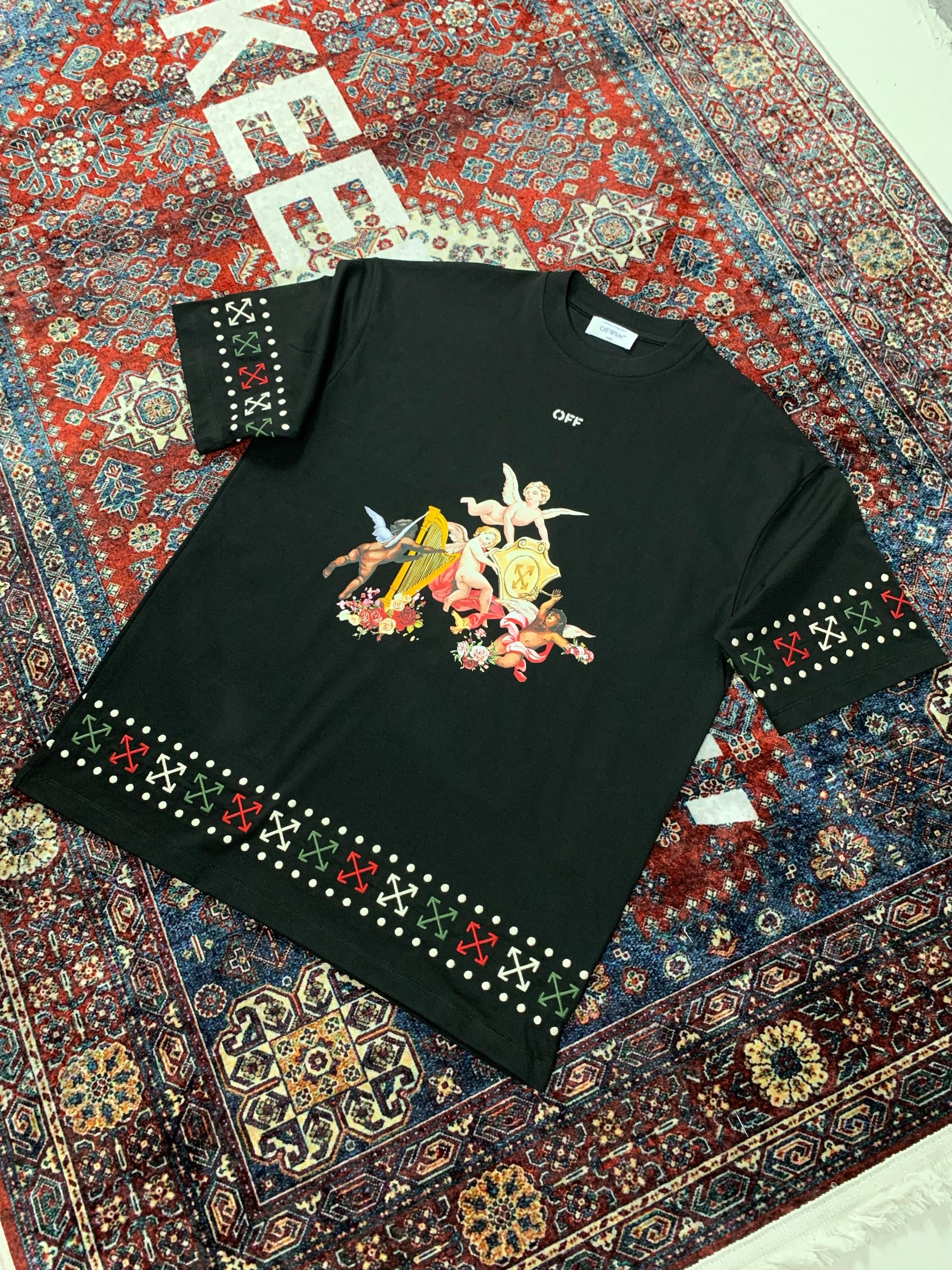 O-W New Season Luxury Art Design Top Quality Embroidered Black & White T-Shirt