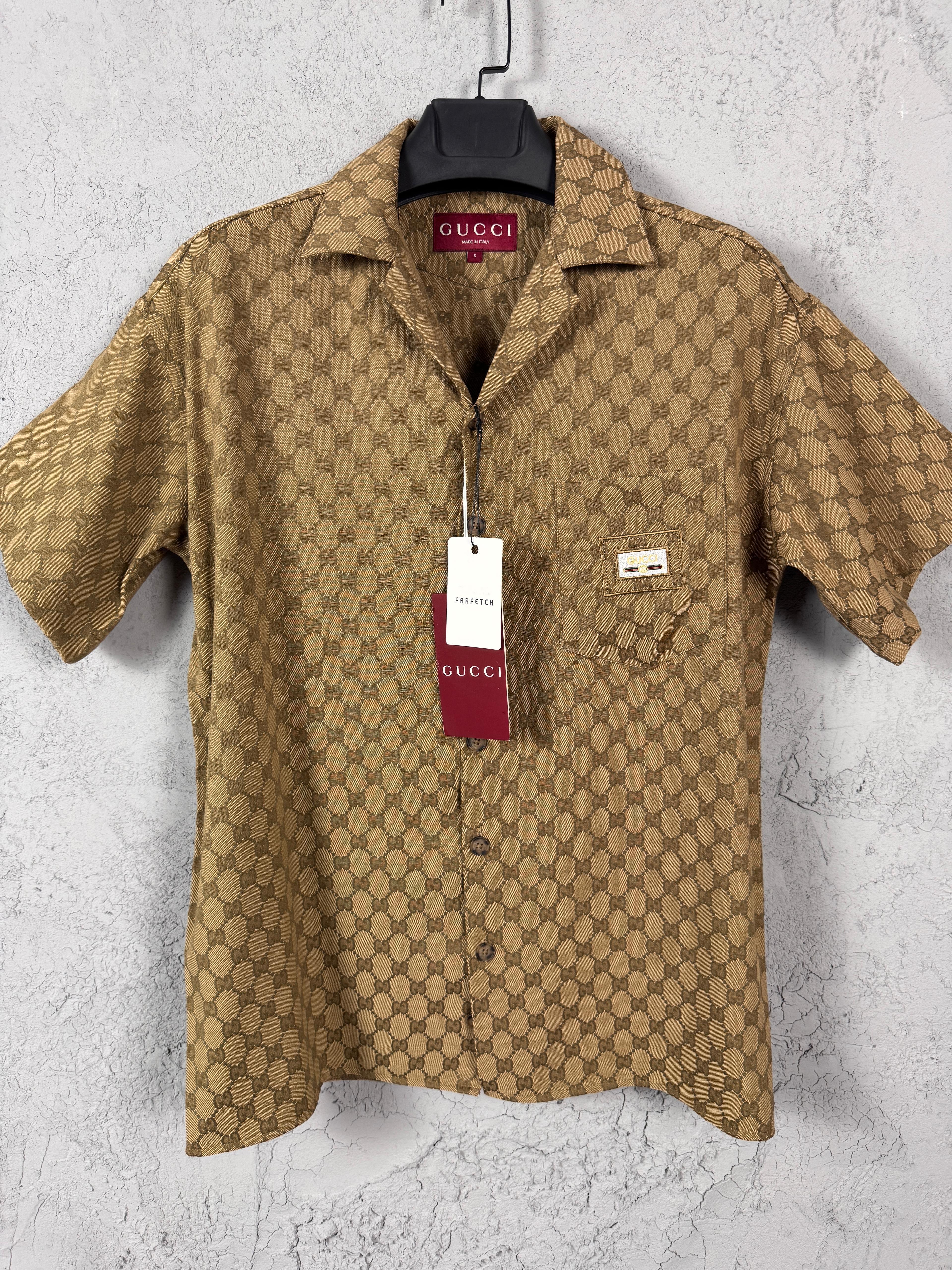 GG New Season Blue & Brown White Logo Jacquard Fabric Shirt - Brown
