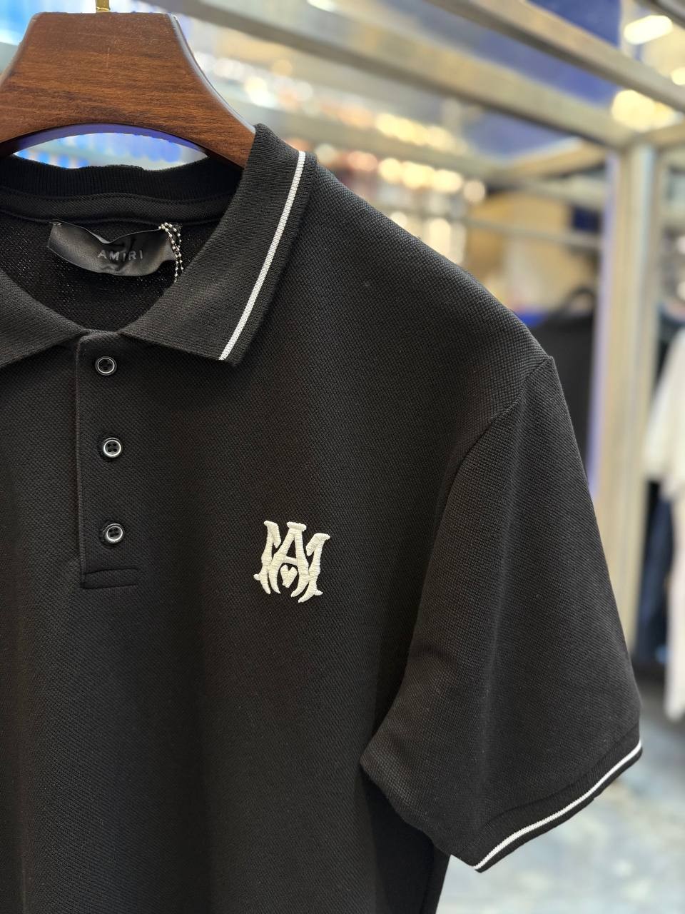 A Luxury Lettering Embroidered Black & White Polo T-shirt - Black