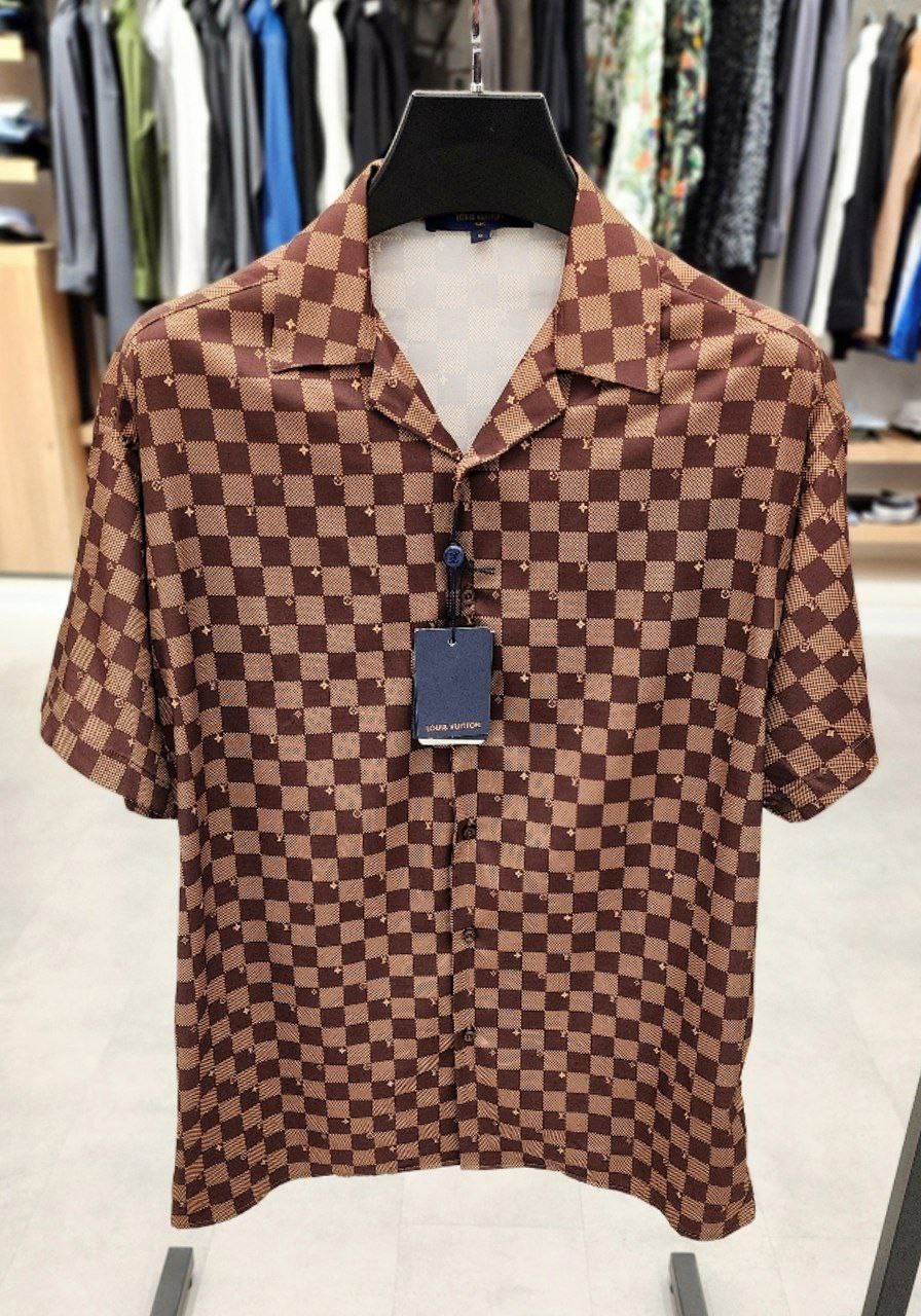 L New Season Grey & Brown Classic Square Model Silk Shirt - Brown