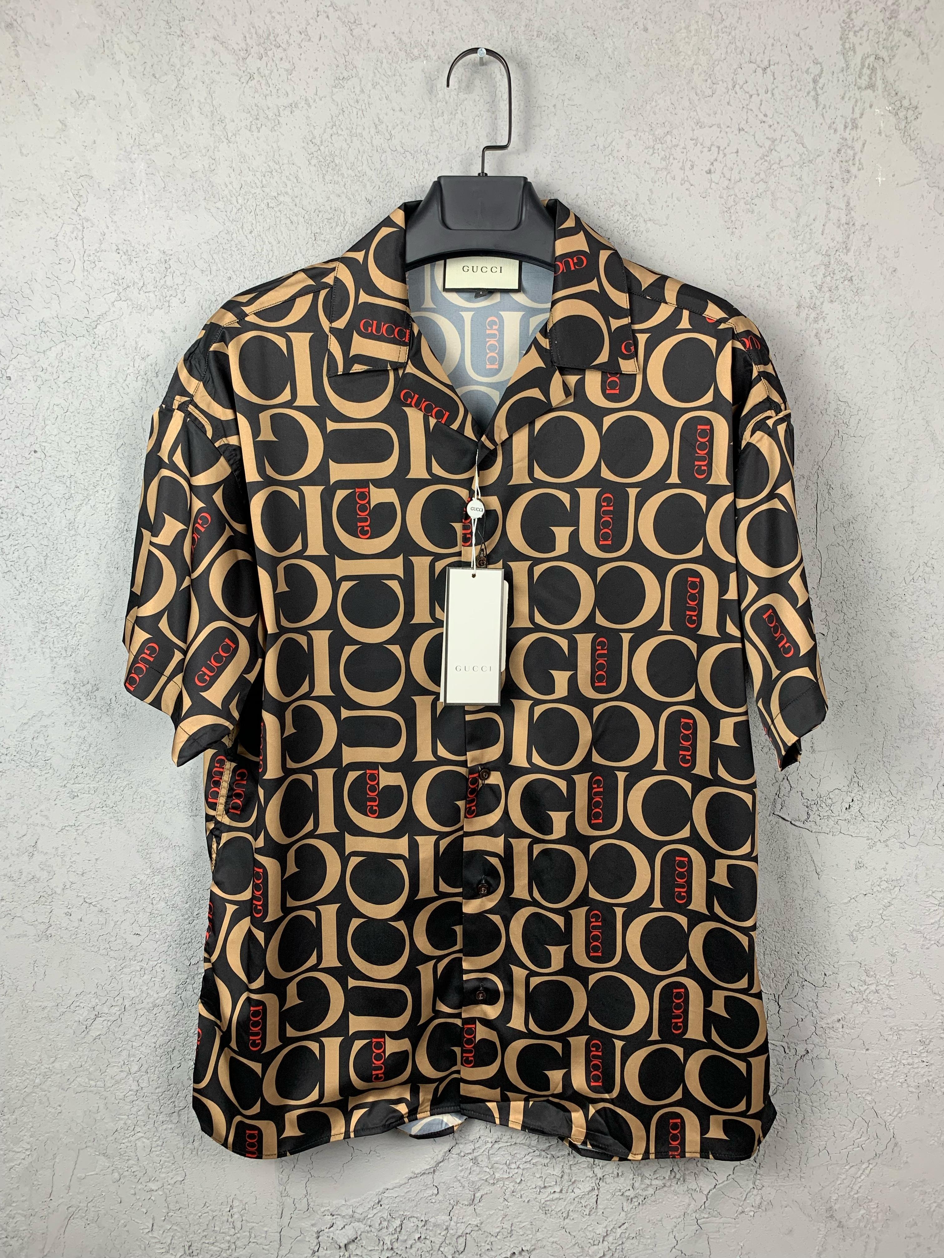 GG New Season Luxury Written Printed Brown&Grey Silk Shirt - Brown