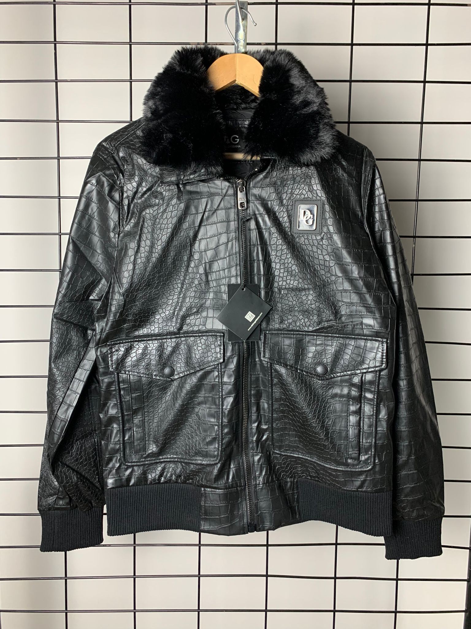 DG New Season Luxury Leather Black Wool Collar Jacket