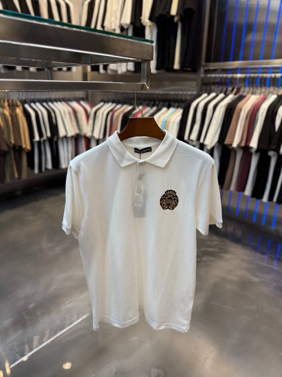 DG Luxury Lettering Embroidered Black&White&Blue&Red Polo T-shirt - White