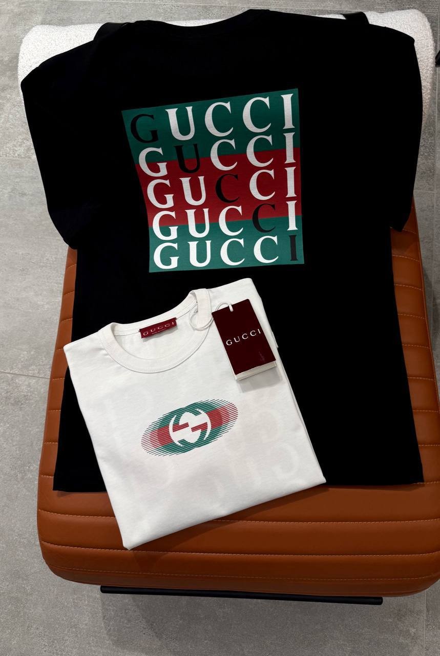 GG Luxury Custom Green/Red Logo Print Black & White T-shirt - Black