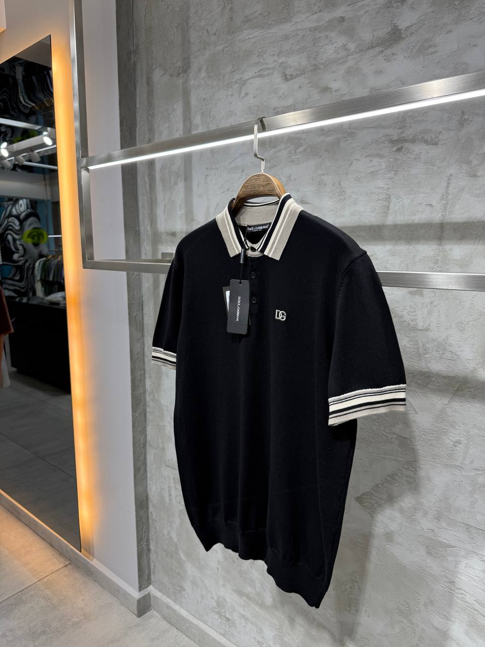 DG Luxury Striped Collar Black&Grey&Blue Knitwear Polo T-Shirt - Black