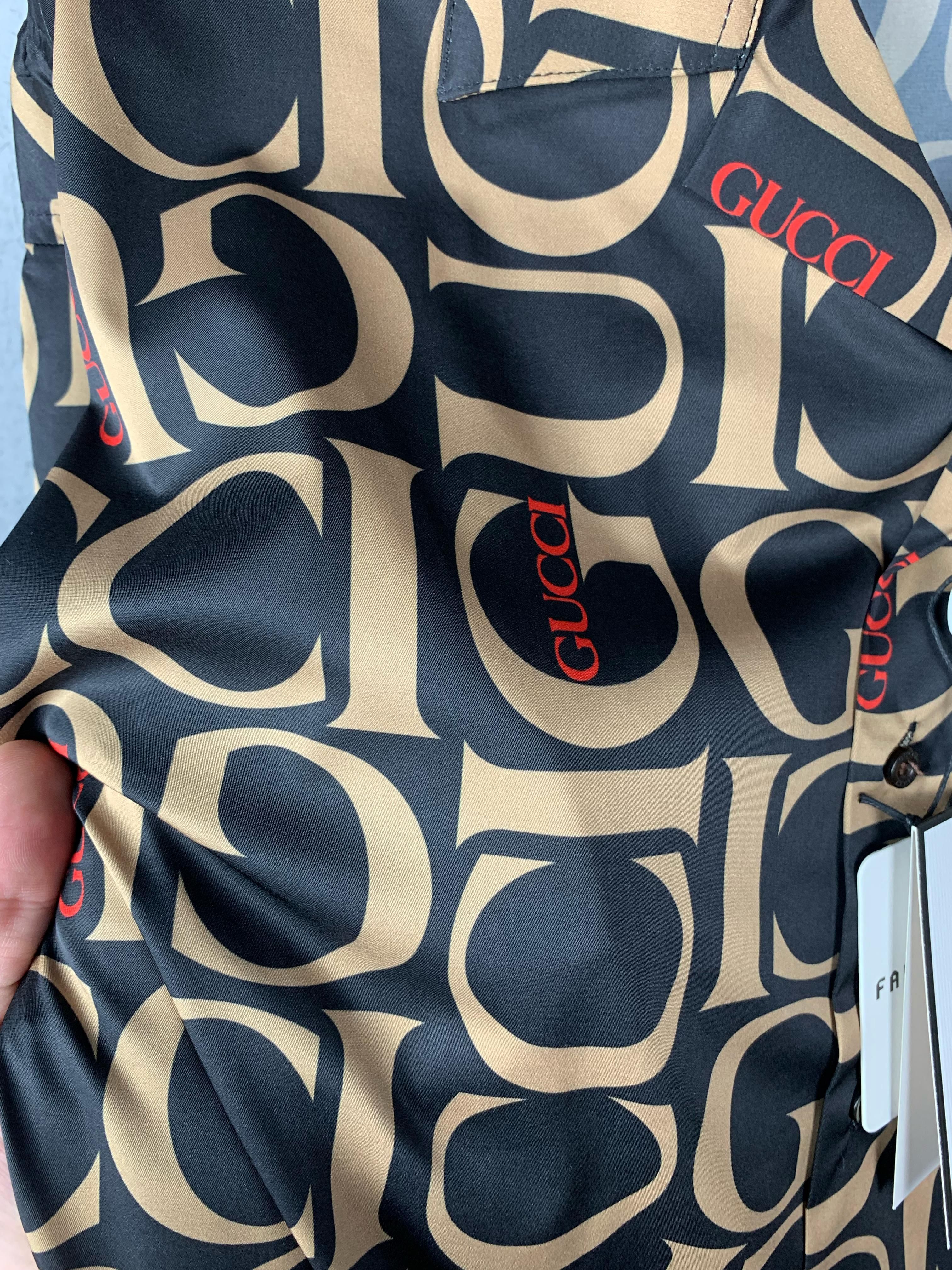 GG New Season Luxury Written Printed Brown&Grey Silk Shirt - Brown