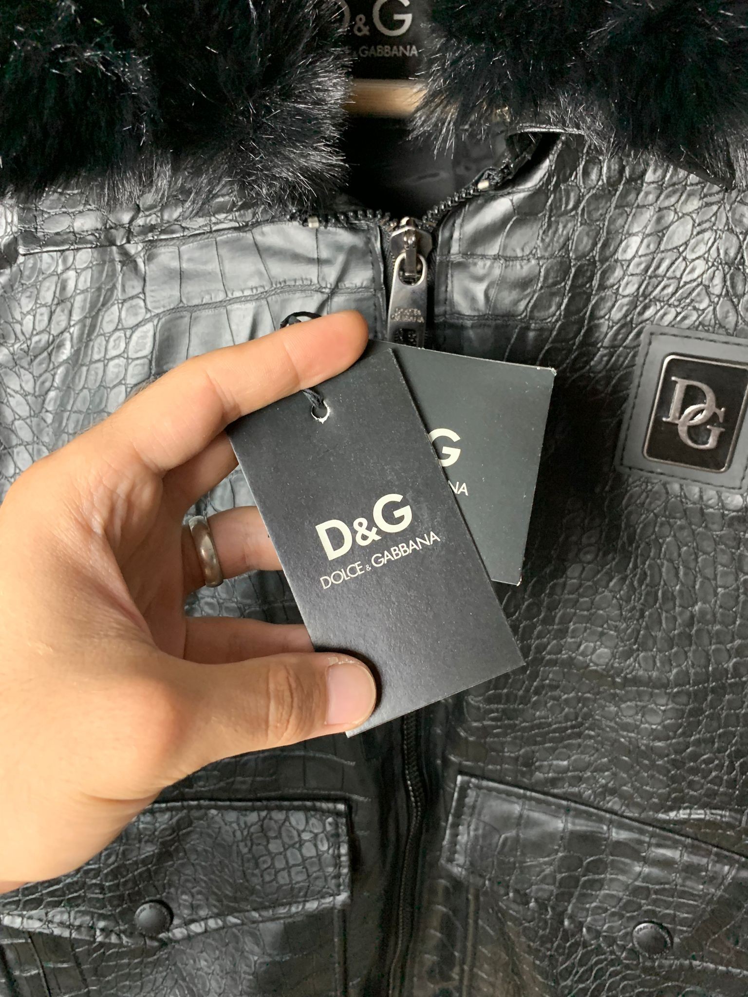 DG New Season Luxury Leather Black Wool Collar Jacket