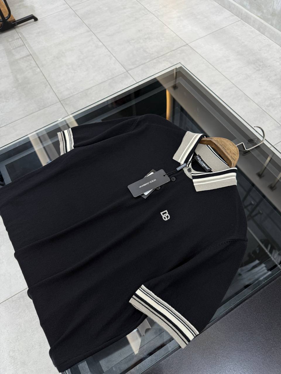 DG Luxury Striped Collar Black&Grey&Blue Knitwear Polo T-Shirt