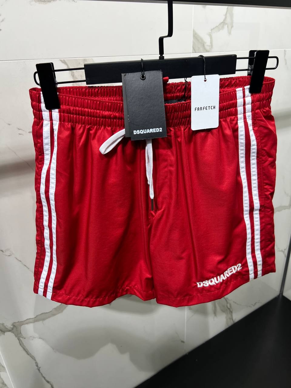D2 Luxury White Stripe Detail Swim Shorts - Red