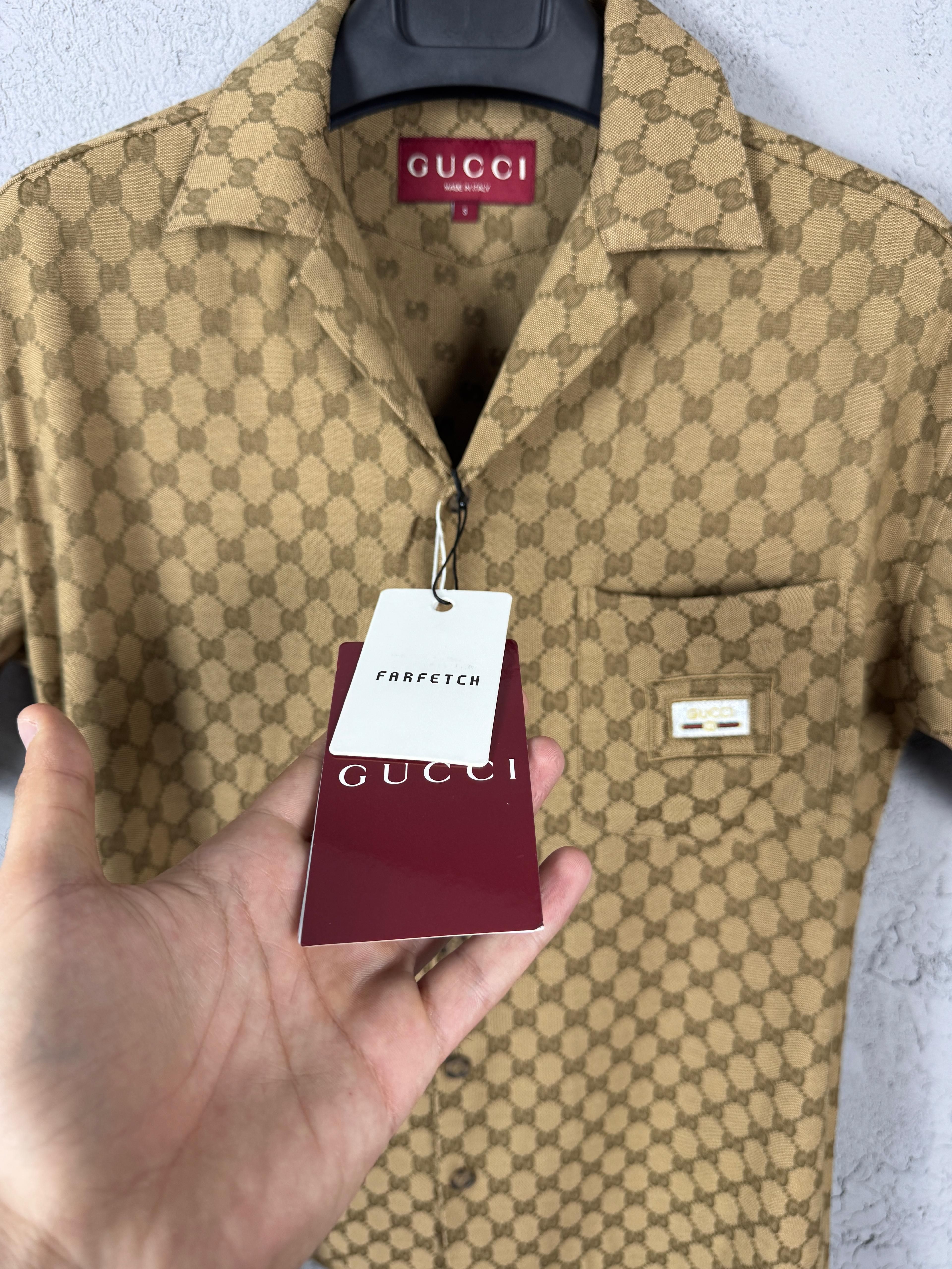 GG New Season Blue & Brown White Logo Jacquard Fabric Shirt - Brown