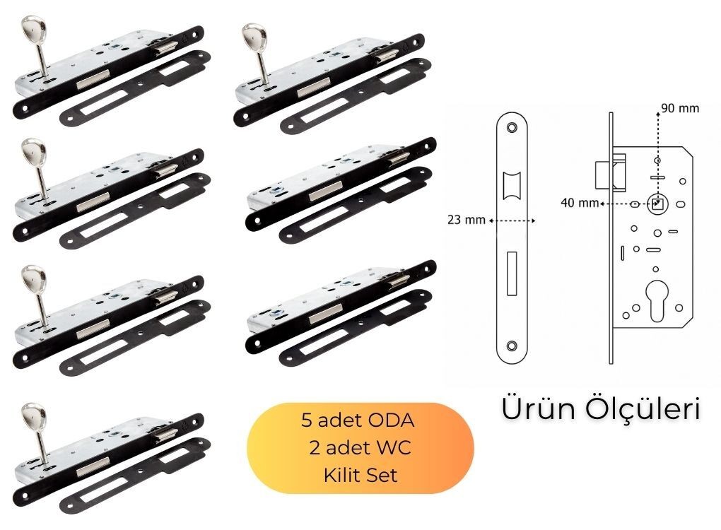 DOKKU GÖMME KİLİT 5 ADET ODA 2 ADET WC OVAL SİYAH 40MM X 23MM AYNA SET