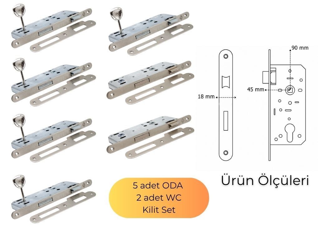 DOKKU GÖMME KİLİT 5 ADET ODA 2 ADET WC OVAL SATEN 45MM X 18MM AYNA SET