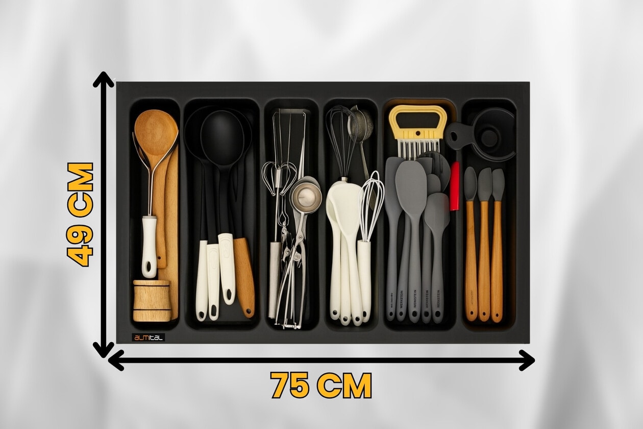 75x49 Cm. 6 Bölmeli Gri Çekmece İçi Düzenleyici Kepçelik (69*40 CM'E KADAR KESİLR) Ücretsiz Kesim
