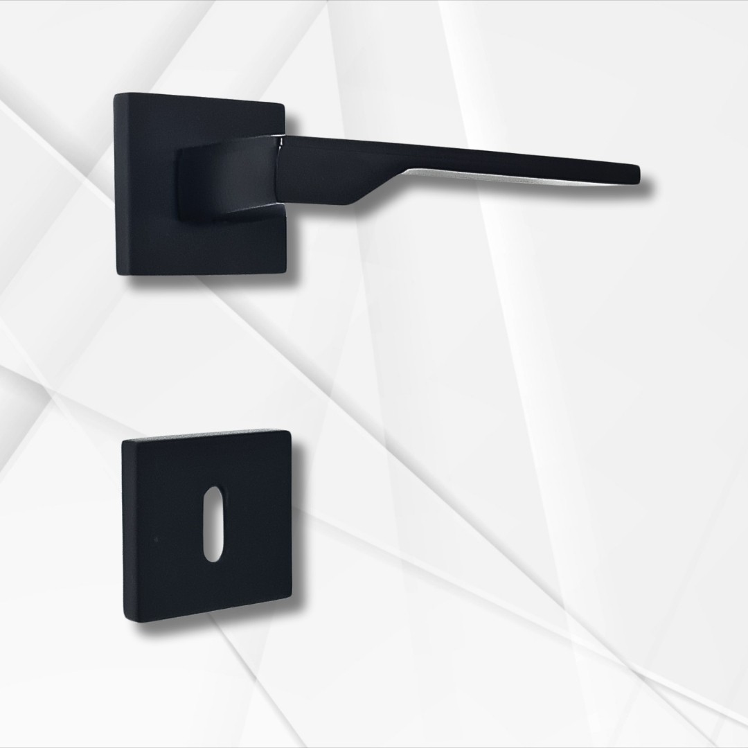 Stilo Siyah Kare Rozetli Oda Kapı Kolu ve 40X23mm Siyah Oda Gömme Kilit Set