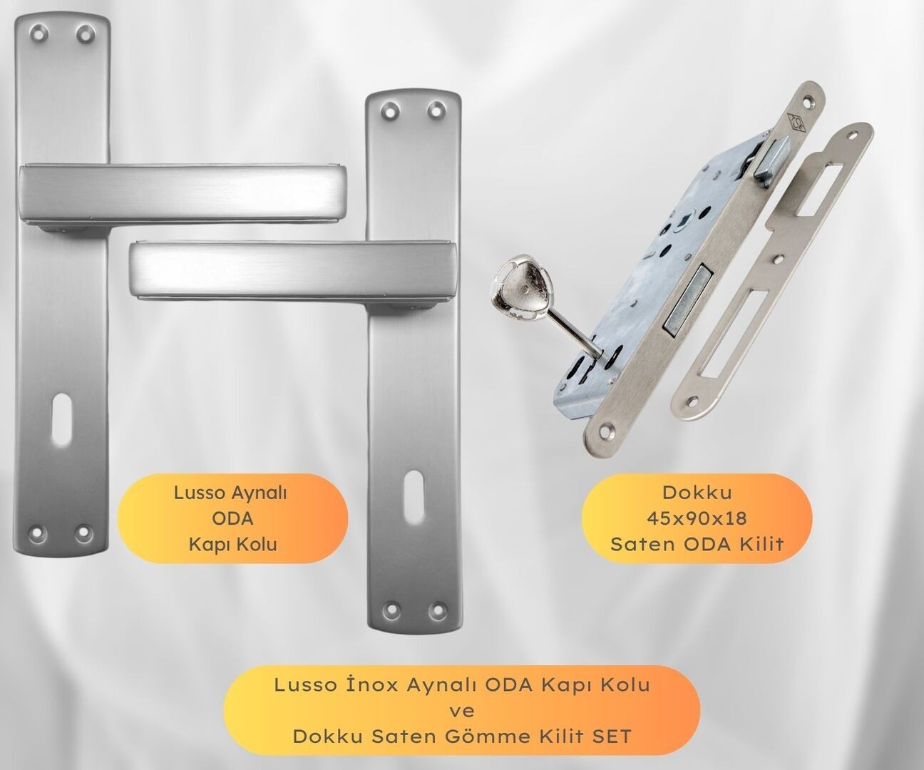 Lusso İnox Aynalı Oda Kapı Kolu ve 45X18mm Saten Oda Gömme Kilit Set