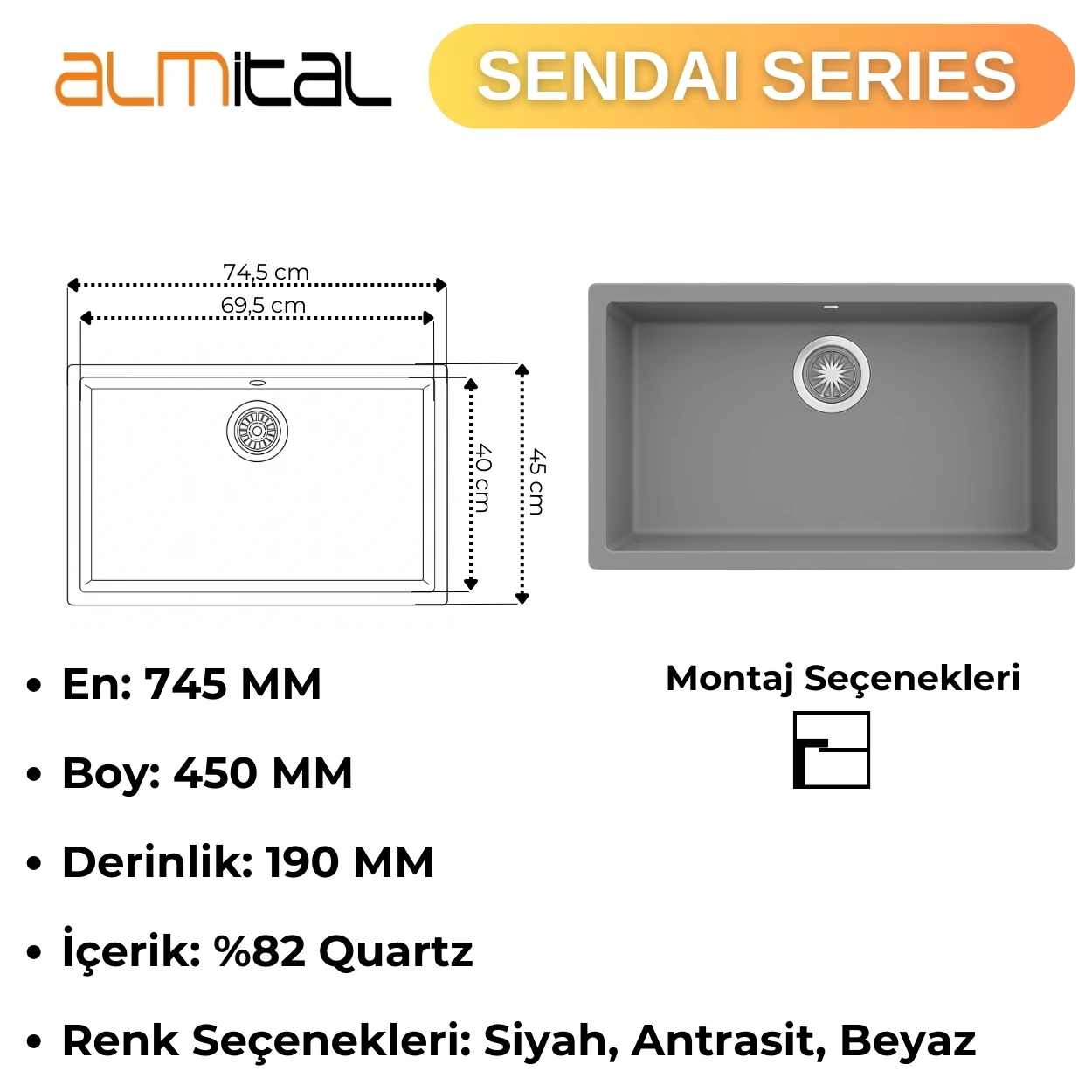 Granit Evye SENDAI Series Anthracite 74,5x45 (ANTRASİT) 