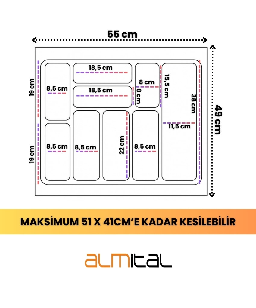 55x49 cm. 9 Gözlü Antrasit Çekmece Içi Kaşıklık  51*41 Cm'e Kadar Kesebilirsiniz