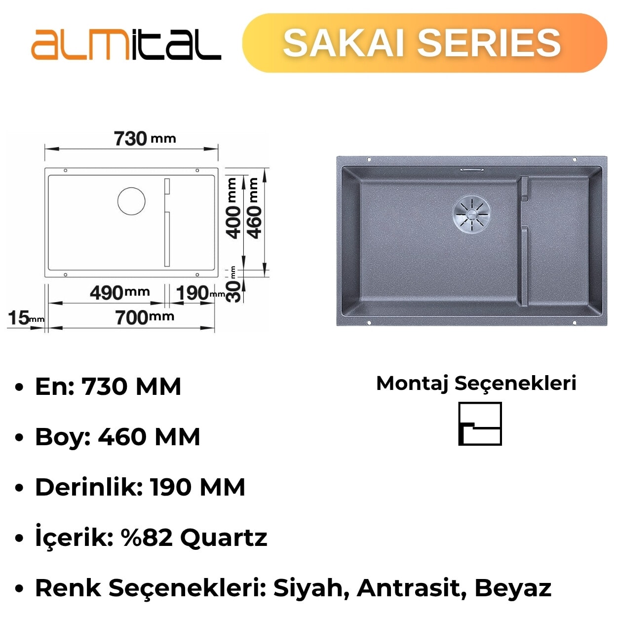 Granit Evye SAKAI Series Anthracite 73x46 (ANTRASİT)