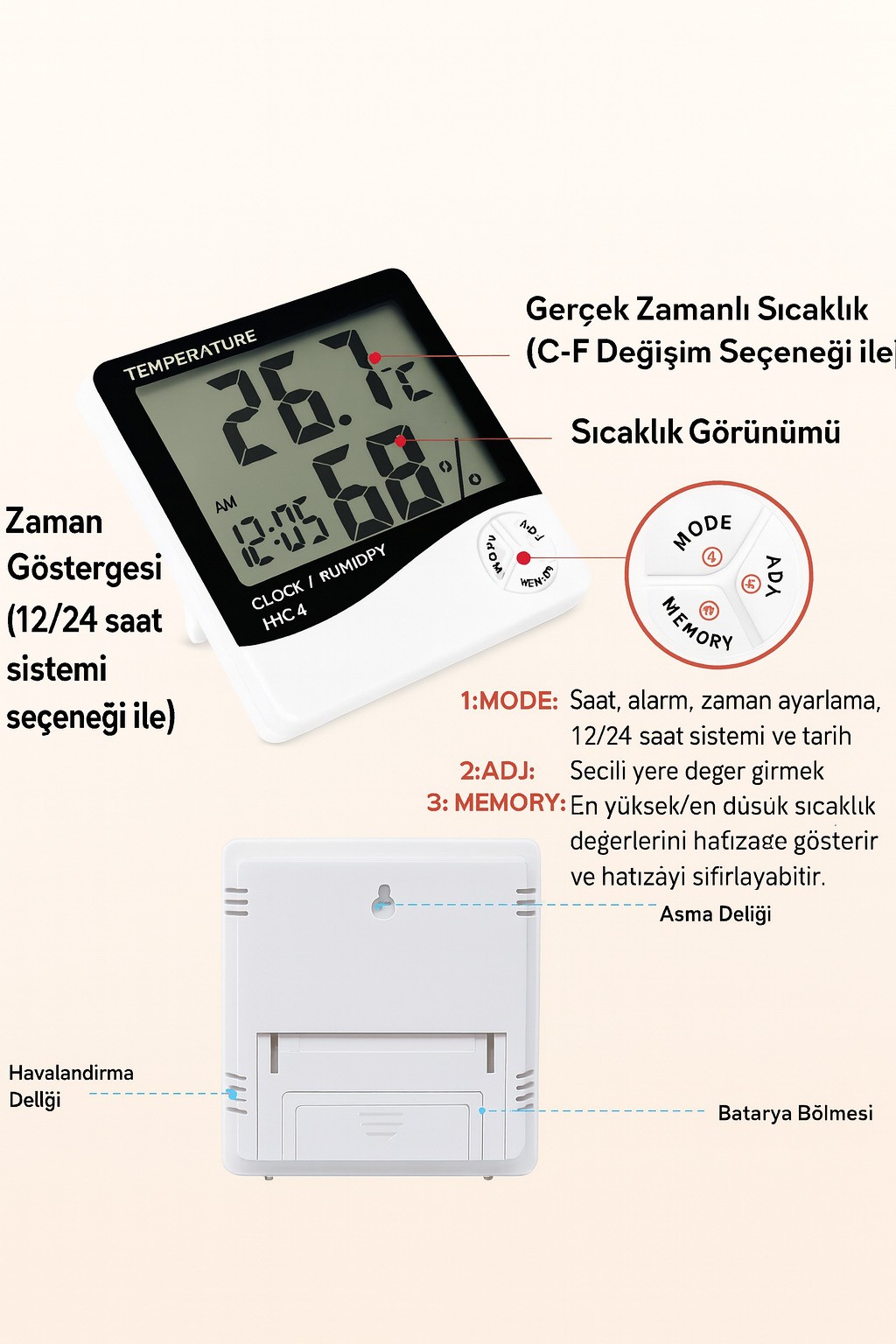 Shitsu Dijital Sıcaklık Nem Ölçer Termometre Saat Özellikli 