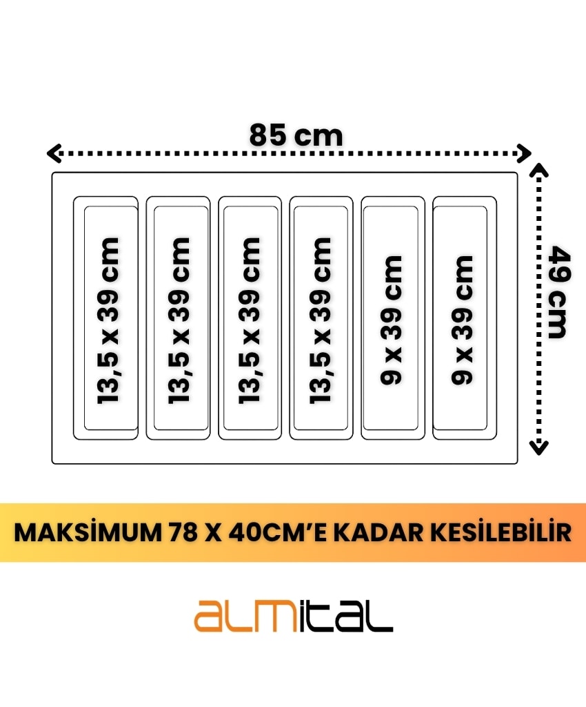  85x49 Cm. 6 Bölmeli Beyaz Çekmece Içi Düzenleyici Kepçelik (80*40 CM'E KADAR Ücretsiz Kesilir )