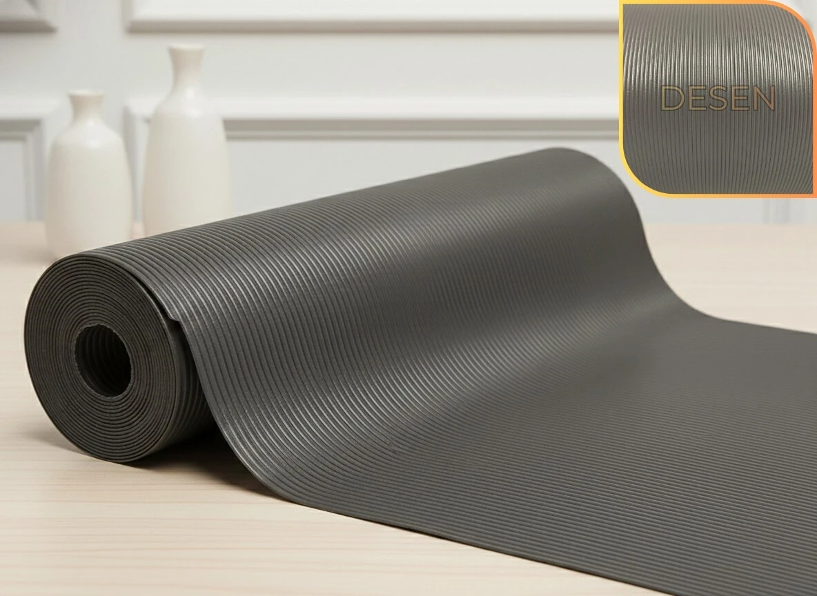 ALMITAL 48 Cm X 5 M Antrasit Çizgi Desenli Suni Deri, Çekmece İçi Kaydırmaz Çekmece Halısı, raf örtüsü