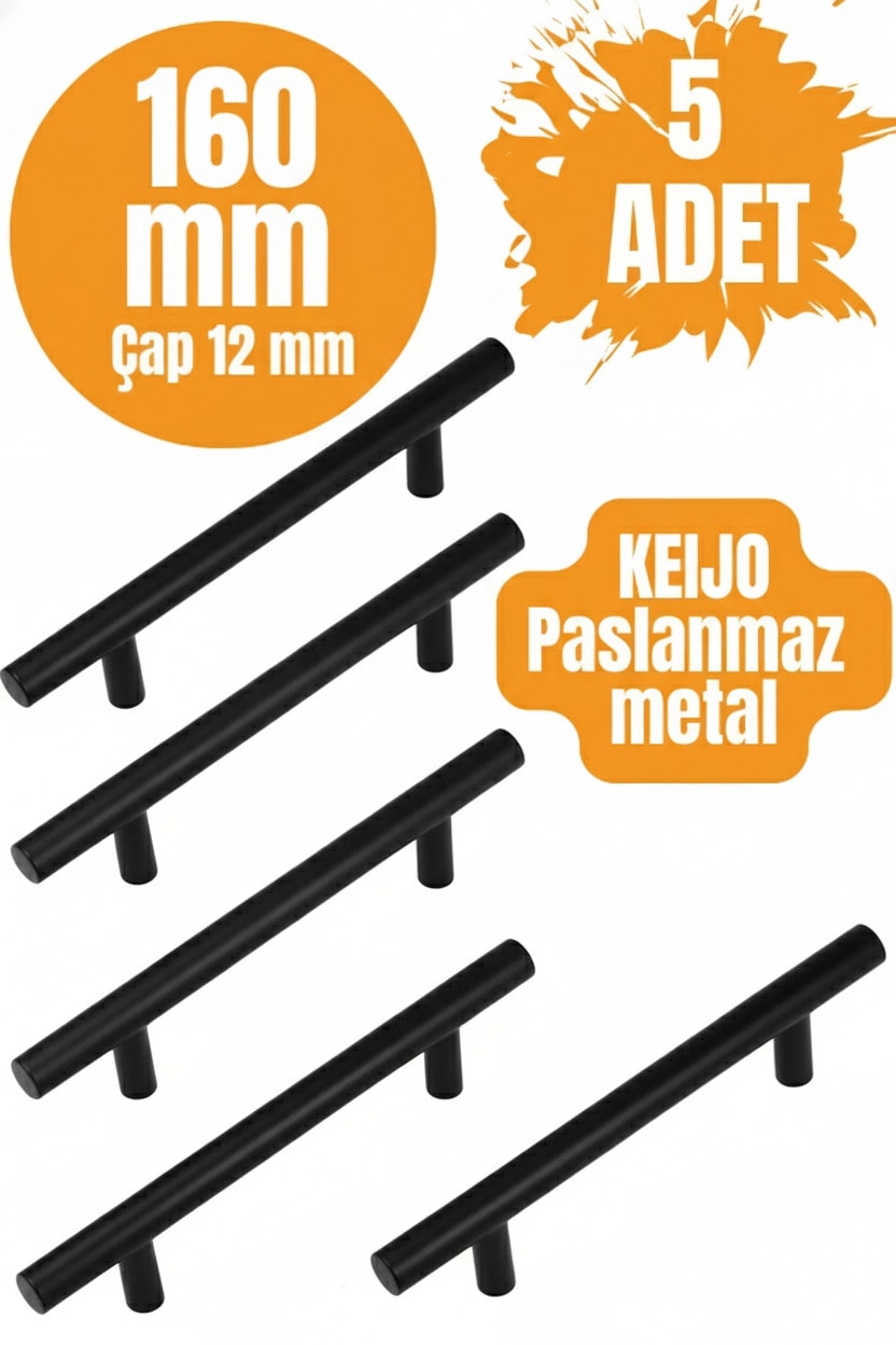 5 ADET Keijo SİYAH 160mm Paslanmaz Kulp (mobilya, dolap kulbu, kulp modeli)