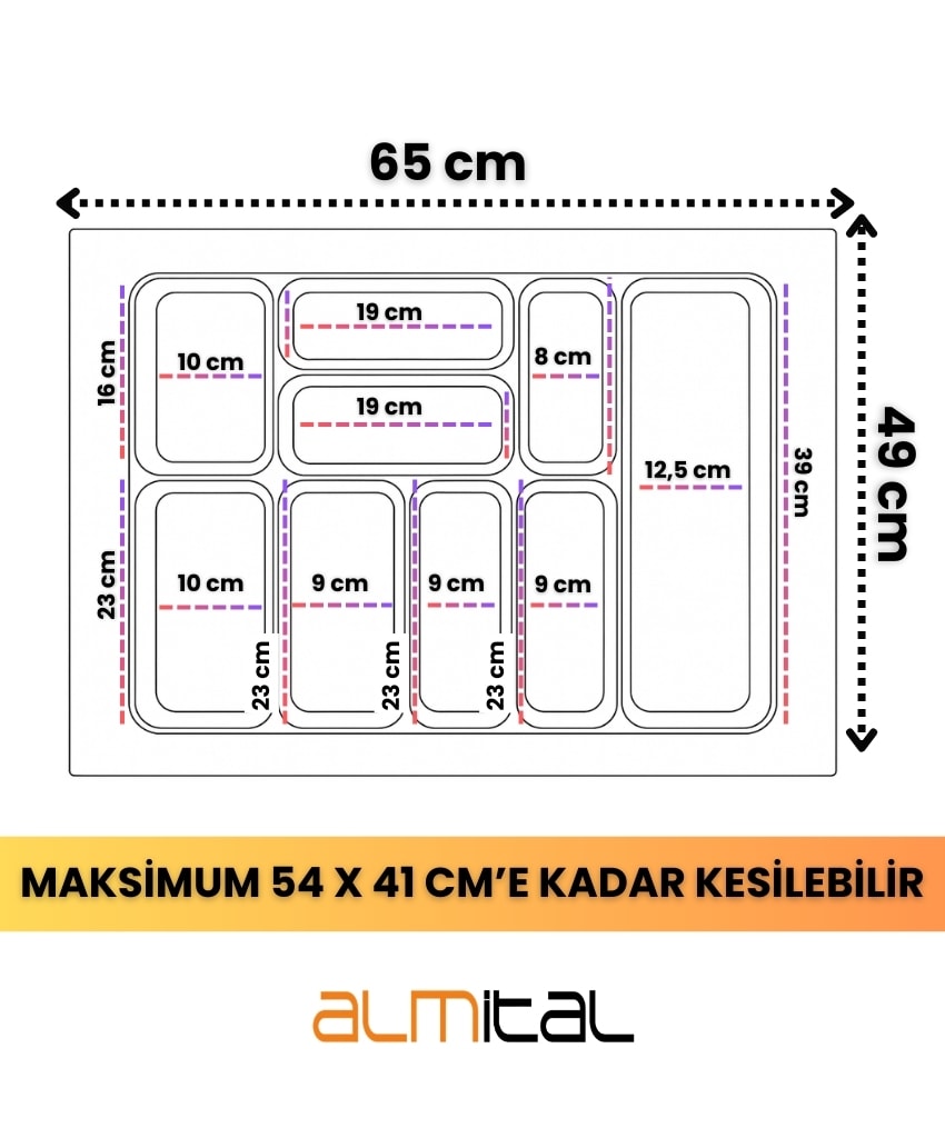  65x49 cm. 9 Gözlü Antrasit Çekmece Içi Kaşıklık 54*41 Cm'e Kadar Kesebilirsiniz