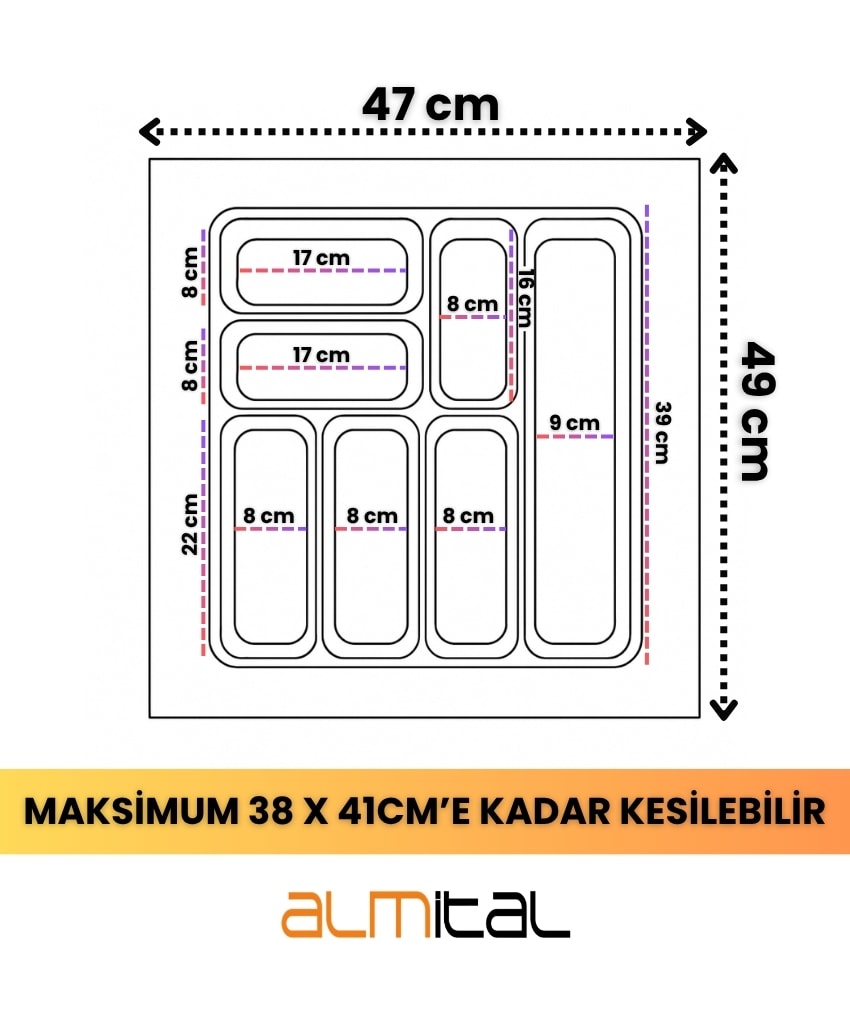 47x49 cm. 7 gözlü Antrasit Çekmece Içi Kaşıklık 38X41 Cm'e Kadar Kesilebilir-ücretiz kesim 