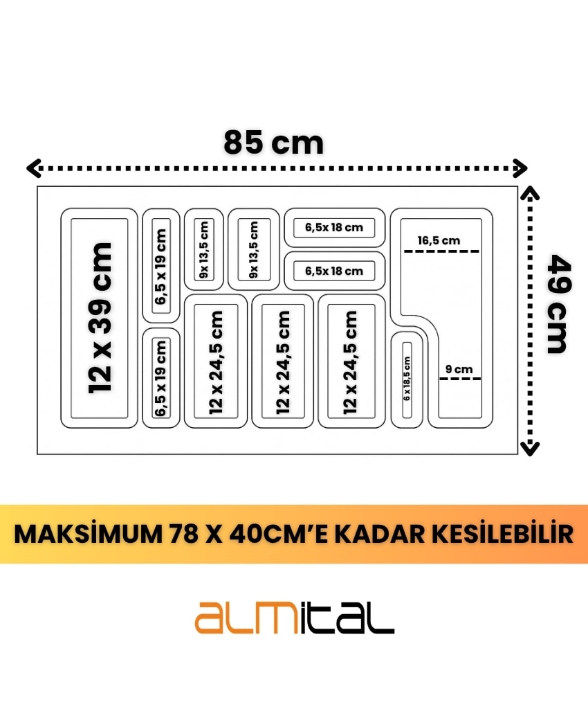 85x49 cm_Antrasit  mikro kabartma desenli çekmece içi kaşıklık, ücretsiz kesim