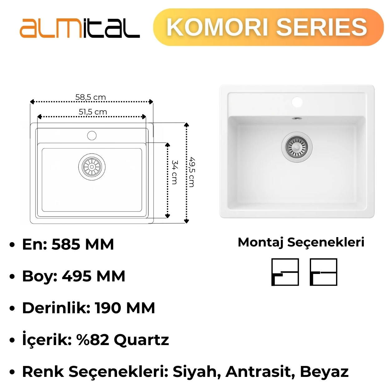 Granit Evye KOMORI Series White 58,5x49,5 (BEYAZ) 