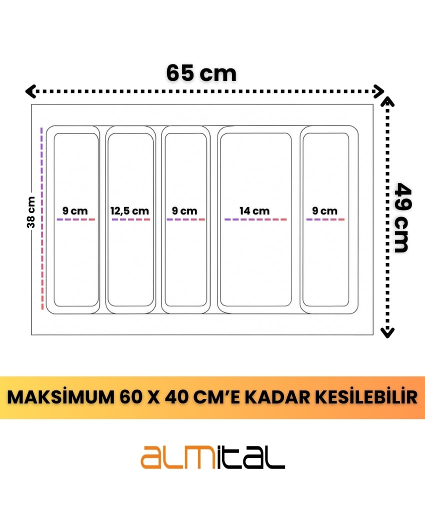 65x49 CM. 5 BÖLMELİ Gri Çekmece İçi Düzenleyici Kepçelik (60x40 Cm'e kadar kesilr) Ücretsiz Kesim