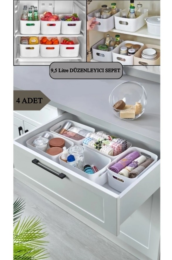 4 ADET 9.5 Lt Dolap Içi, Buzdolabı Düzenleyici, Banyo Organizer Sepet