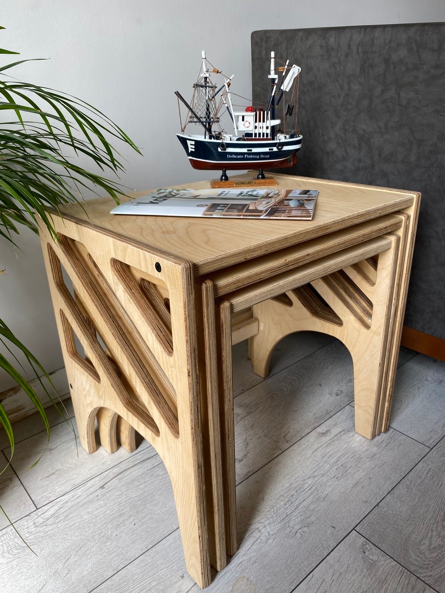3'lü Huş Ağacı Plywood Folki Zigon Sehpa, Sehpa, Orta Sehpa, Yan Sehpa