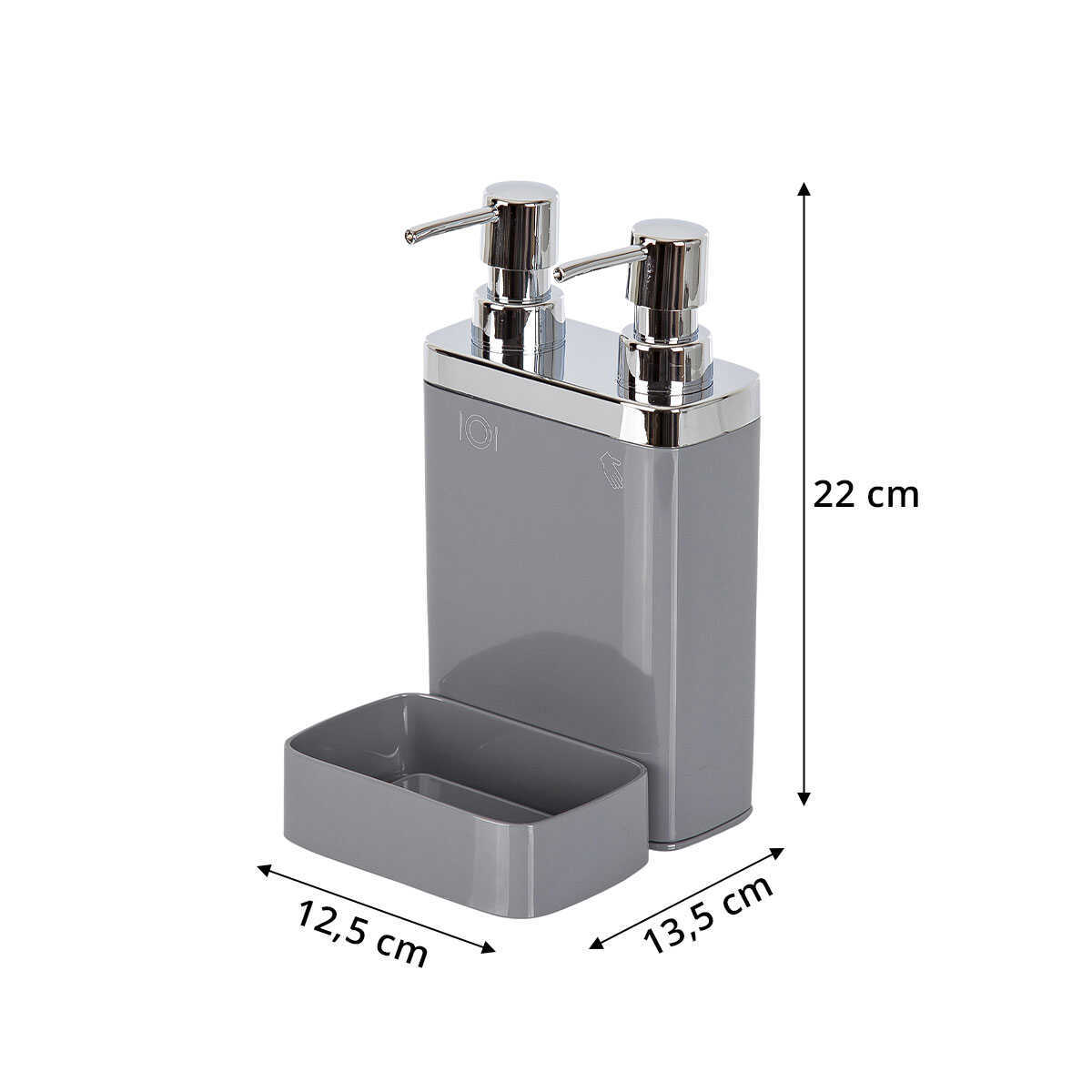 Gri, Sünger Hazneli Mutfak Sıvı Sabunluk (300 ml) ve Bulaşık Deterjanlık, Pompalı (500 ml)