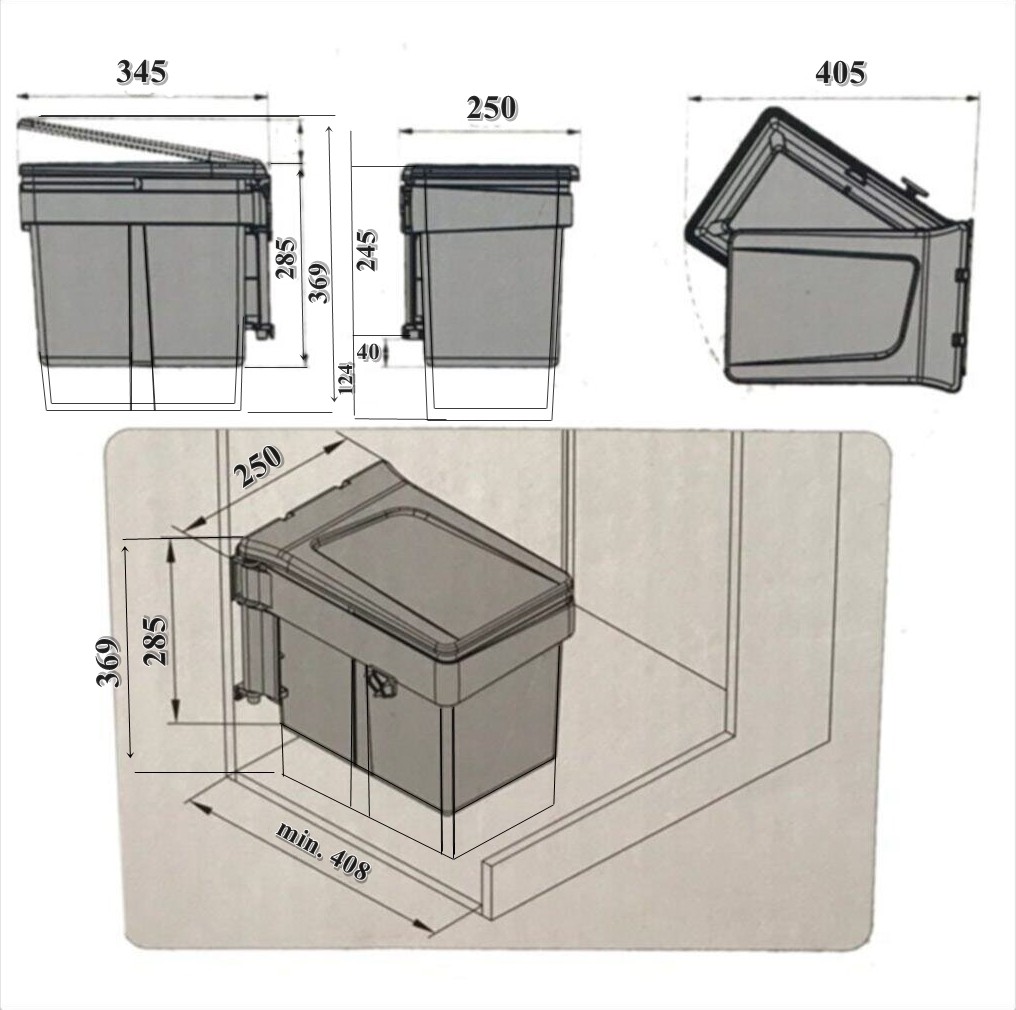 Almital METALİ Kapağa Monte Çöp Kutusu Antrasit 20 Litre (Dolap Kapak Min. 45 cm))