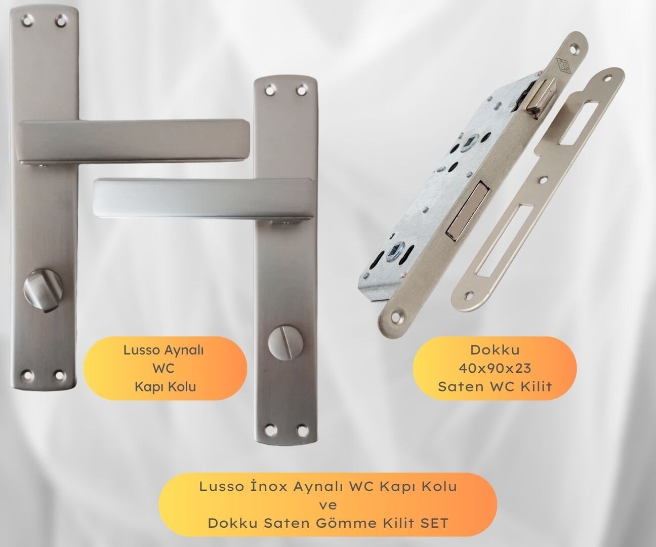 Lusso İnox Aynalı WC Kapı Kolu ve 40X23mm Saten WC Gömme Kilit Set