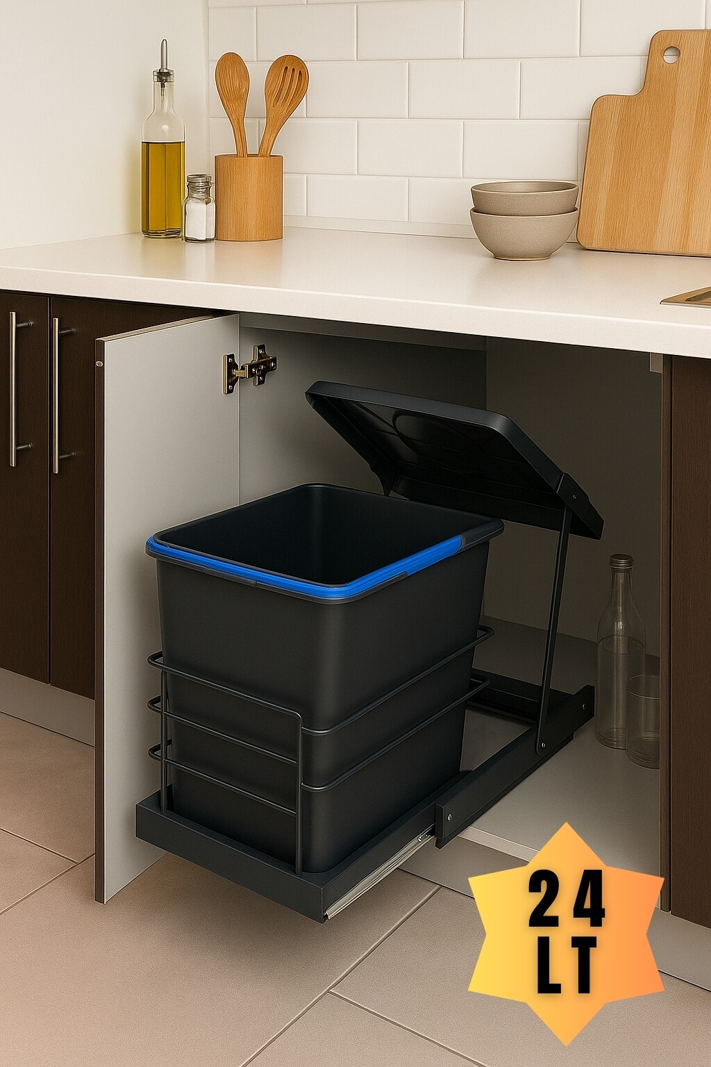 Cassone Dolap içi Teleskopik Raylı ANTRASİT Çöp Kovası 24 Litre, minimum kapak genişliği 40 cm. 