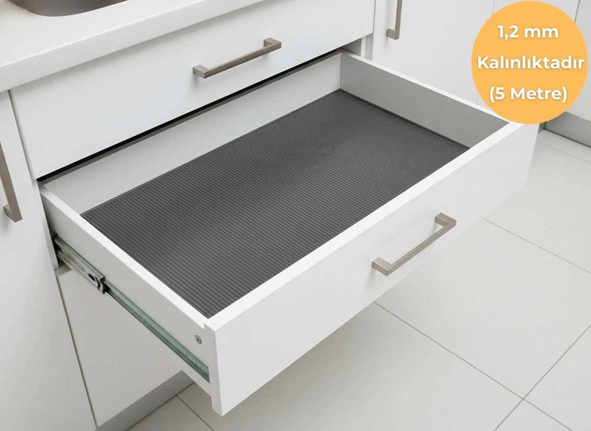 ALMITAL 48 Cm X 5 M Antrasit Çizgi Desenli Suni Deri, Çekmece İçi Kaydırmaz Çekmece Halısı, raf örtüsü