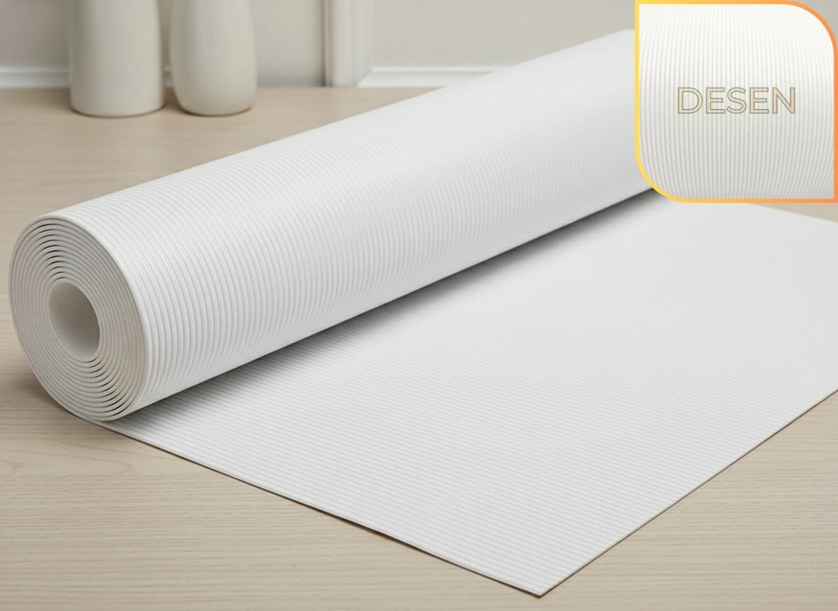 Almital 48 Cm X 5 M Beyaz Çizgi Desenli Suni Deri, Çekmece içi Kaydırmaz Çekmece Halısı, raf örtüsü
