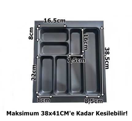 44x49 cm. 7 gözlü Antrasit Çekmece içi Kaşıklık 38x41 Cm'e Kadar Kesilebilir