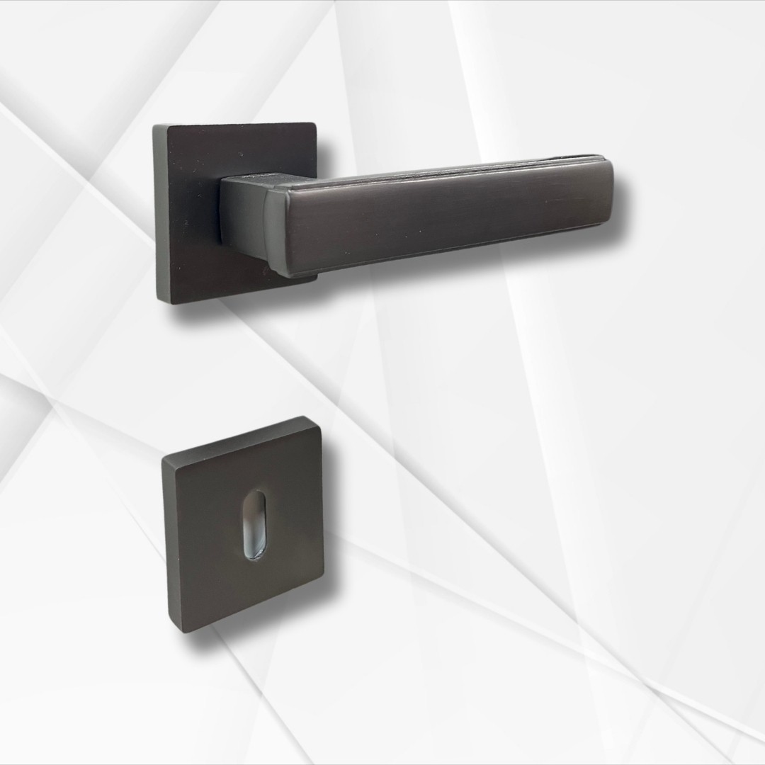 Lusso Antrasit Kare Rozetli Oda Kapı Kolu ve 40X23mm Antrasit Oda Gömme Kilit Set