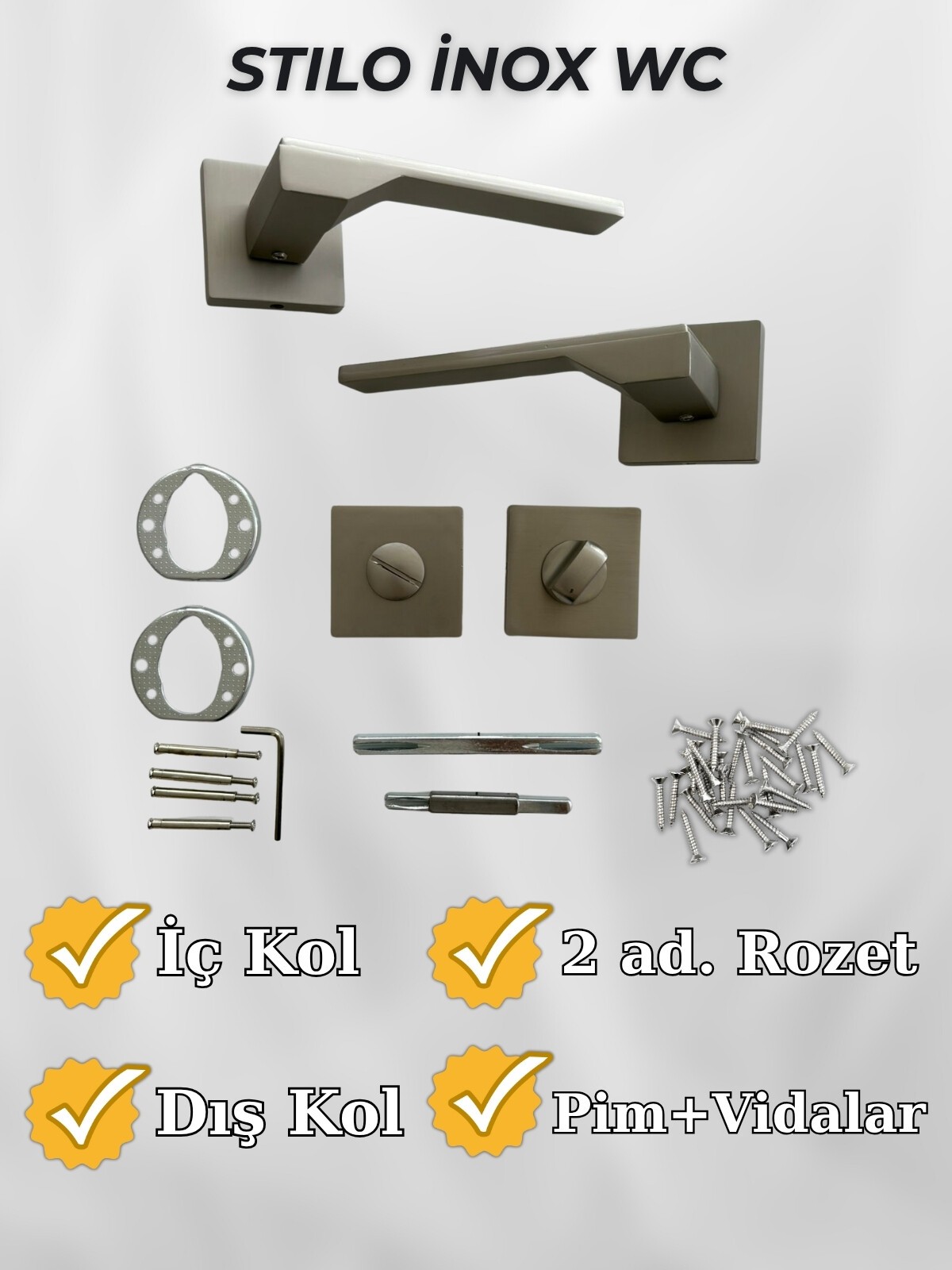 Stilo inox Kare Rozetli Kapı Kolu Lüks WC, Banyo Kapı Kolu